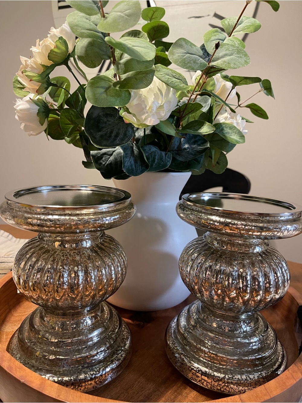 Mercury Glass Pillar Candle Holders - Set of 2, Silver 5 1/2 x 7 high